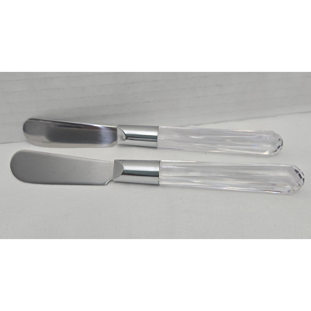 2 Vtg Stanley Roberts City Lights Butter Cheese Spreaders Clear Faceted Lucite